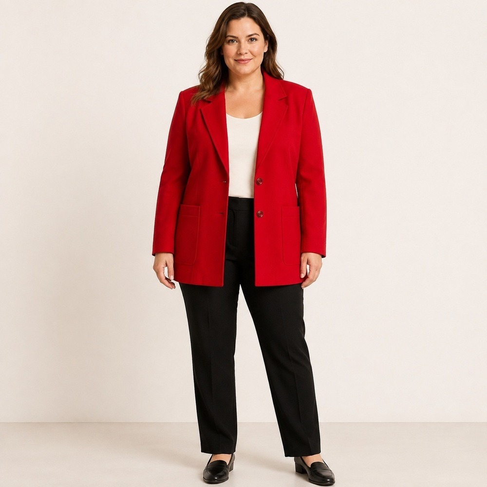 Requirements Women's Size 14 Red 100% Wool Longline Blazer Patch Pockets Vtg 90s